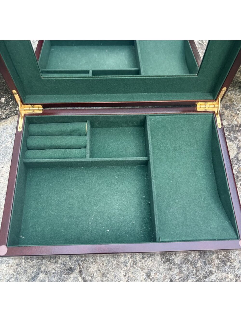 Wooden Jewelry Box Mirror Green Velvet Interior Multiple Compartments Storage - Picture 2 of 15